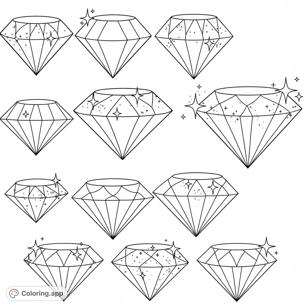 A dazzling collection of eleven sparkling diamonds, each with intricate facets and brilliant highlights, ready for vibrant coloring.