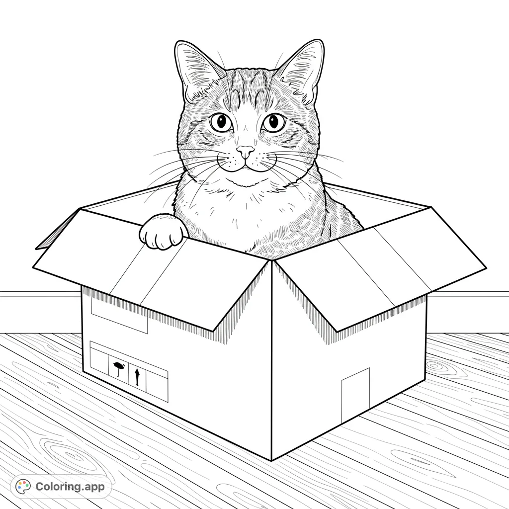A charming cat peeks from a cardboard box on a wooden floor. A delightful free printable cat coloring page for kids and adults, perfect for pet lovers.