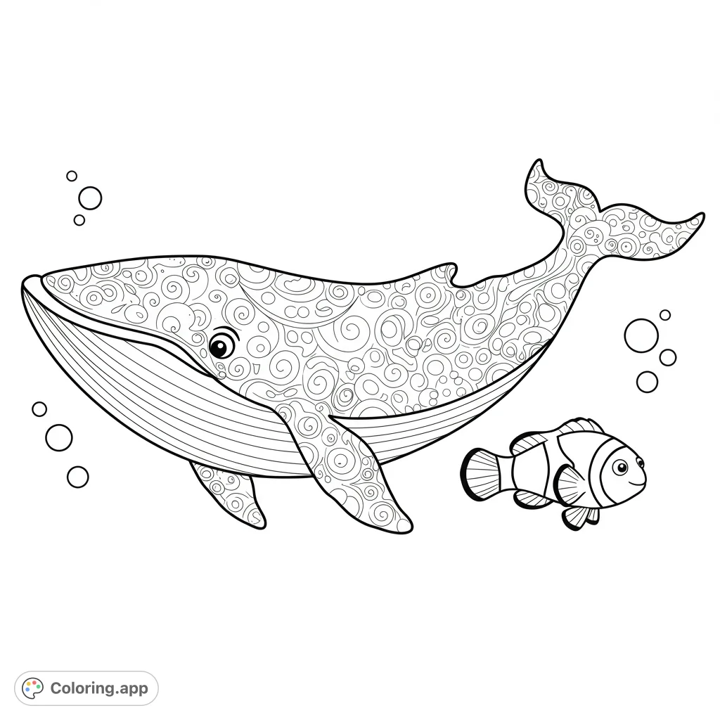 Dive into an ocean adventure with this free printable whale and clownfish coloring page! Features intricate patterns and friendly marine life for all ages.
