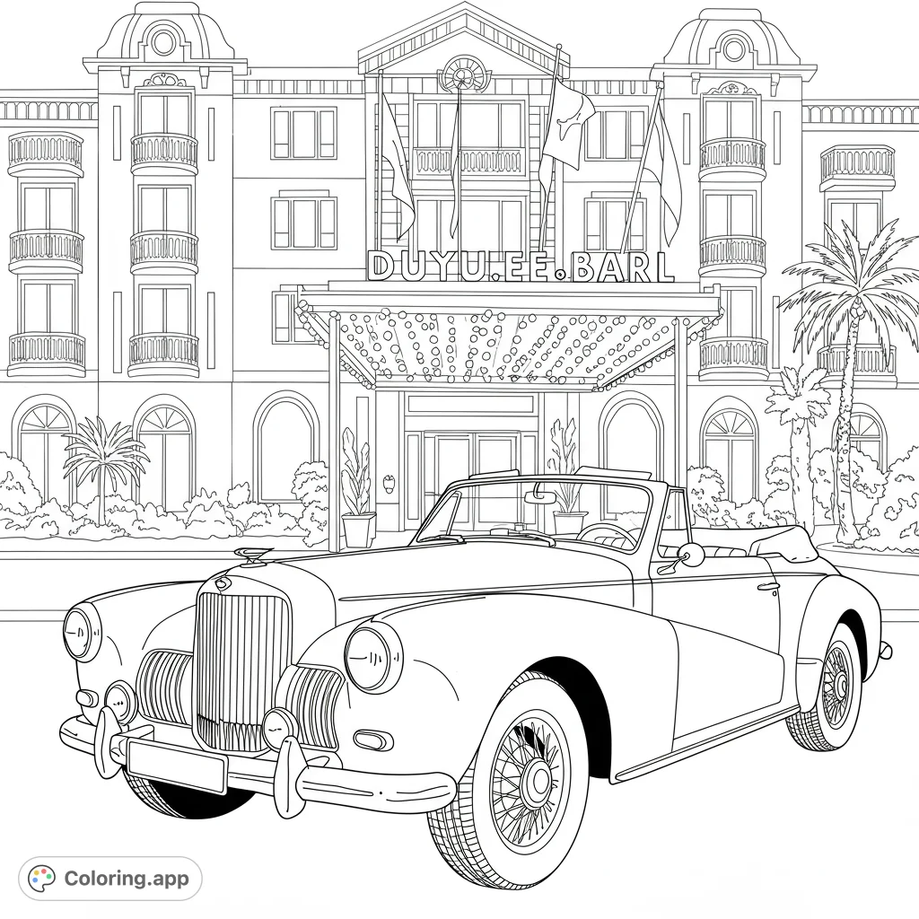 Color a classic vintage convertible parked before a grand, ornate hotel with palm trees. A luxurious scene for detailed coloring.