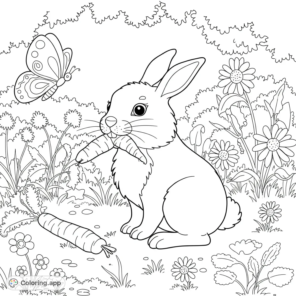 A delightful rabbit enjoys a carrot in a vibrant garden, watched by a graceful butterfly. A charming free printable nature coloring page for all ages.