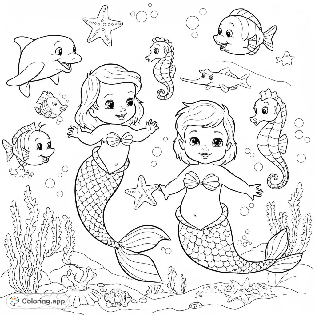 Dive into a magical mermaid ocean adventure coloring page! Features two cheerful mermaids, a playful dolphin, fish, seahorses, and starfish in an enchanting underwater world.