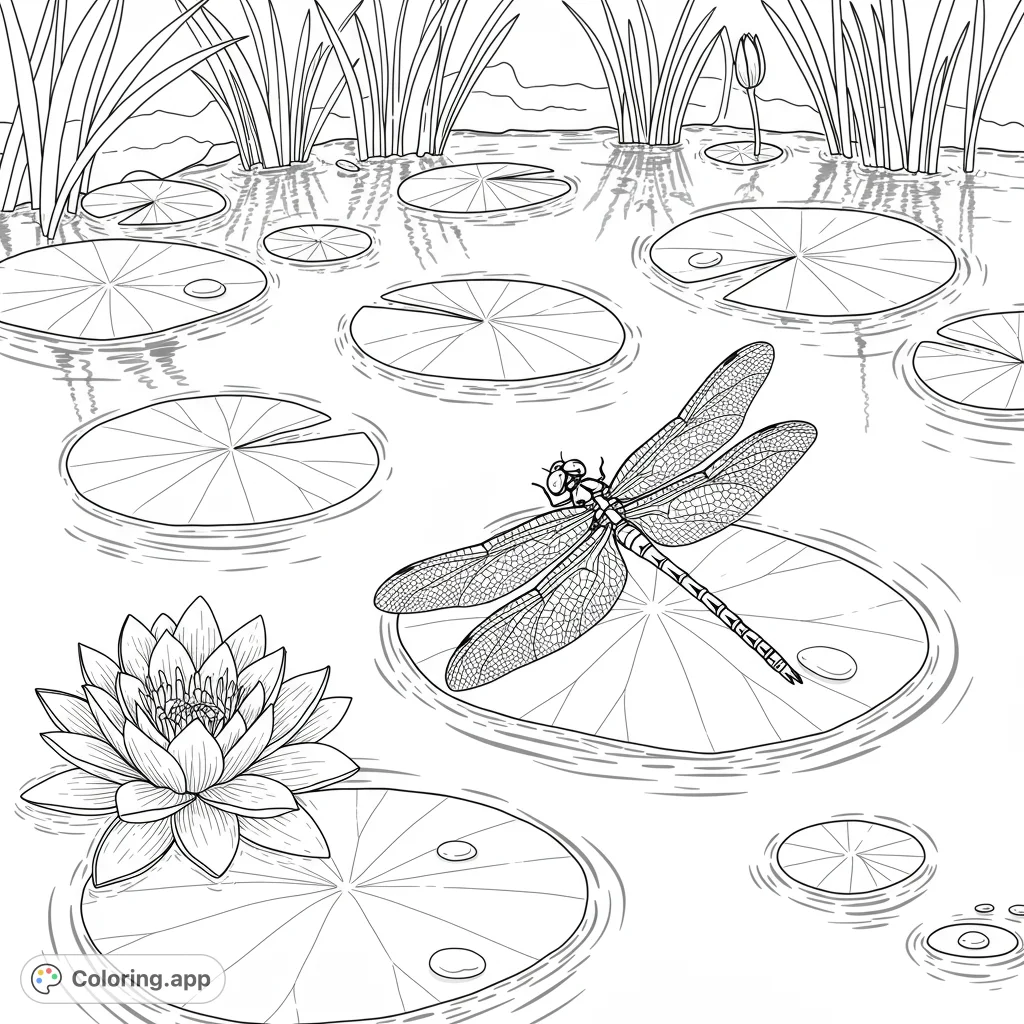 A beautiful pond life scene featuring a detailed dragonfly on a lily pad, surrounded by water lilies and reeds. Perfect for nature lovers.