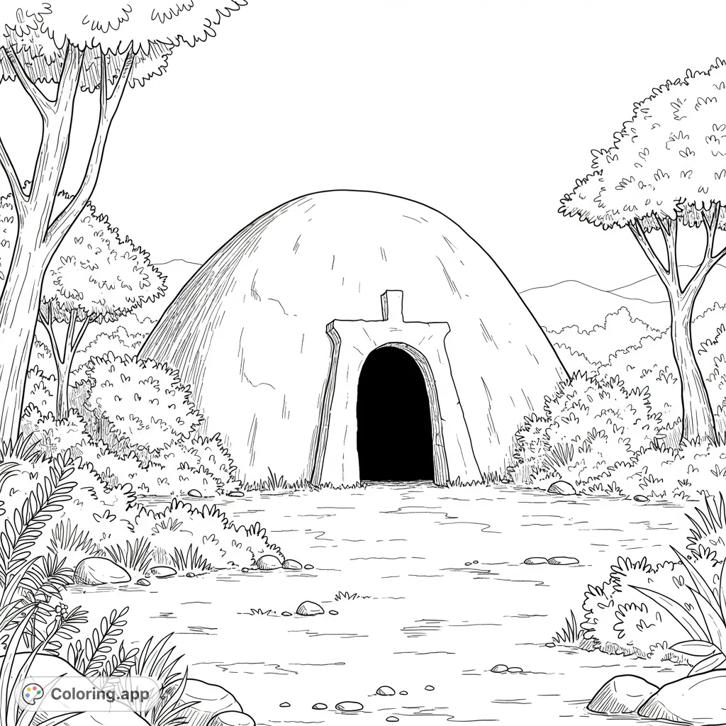 Discover an empty tomb coloring page, a free printable featuring a serene garden scene with a significant cave entrance, perfect for reflection.