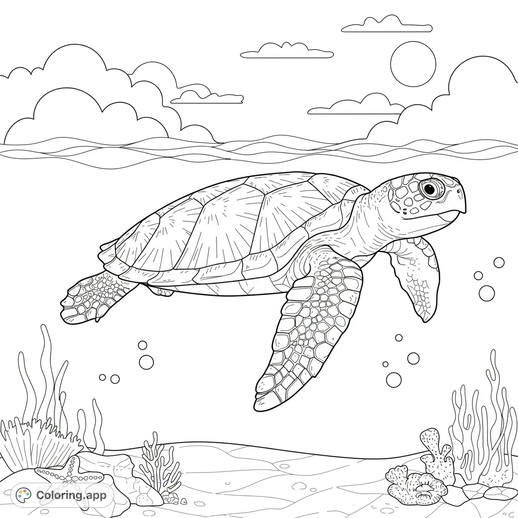 Dive into an ocean adventure with this sea turtle coloring page! Explore detailed underwater life, from coral to starfish, in a free printable design.