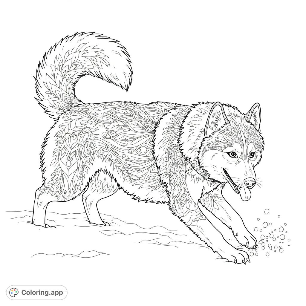 An intricate patterned wolf in a playful pose, perfect for detailed coloring. Features unique mandala-like designs on its fur, ideal for creative expression.