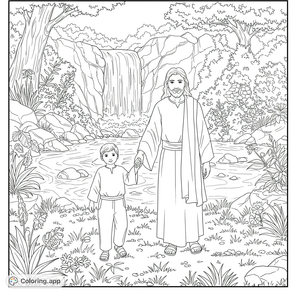 A serene religious coloring page featuring Jesus and a child by a beautiful waterfall, perfect for spiritual reflection and creative expression.