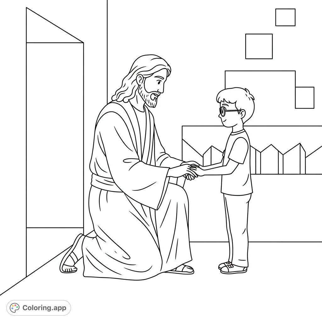 A heartwarming religious coloring page featuring Jesus kneeling and holding hands with a young boy, perfect for spiritual reflection and learning.