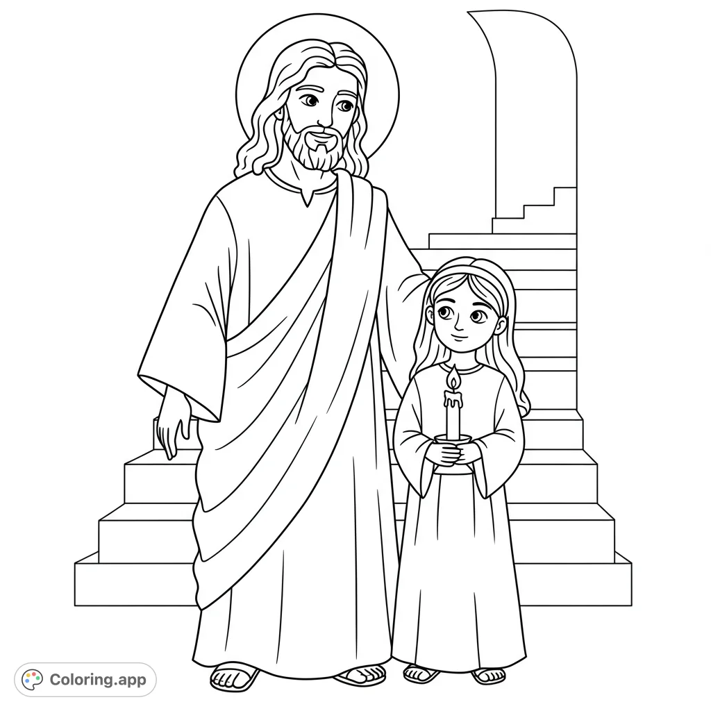 A heartwarming religious coloring page featuring Jesus and a young girl holding a candle, symbolizing guidance and faith. Perfect for spiritual reflection.
