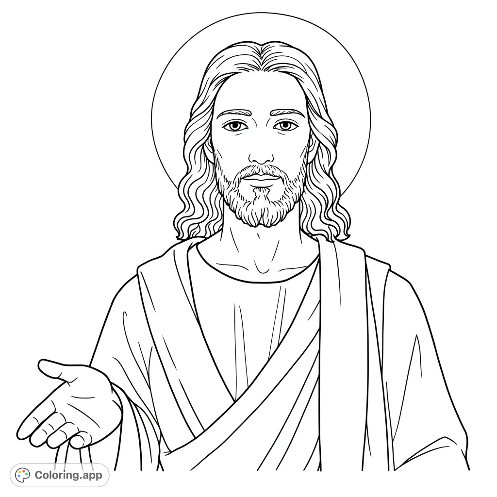 A serene Jesus Christ with a halo, extending an open hand. A beautiful religious coloring page for spiritual reflection and creative expression.