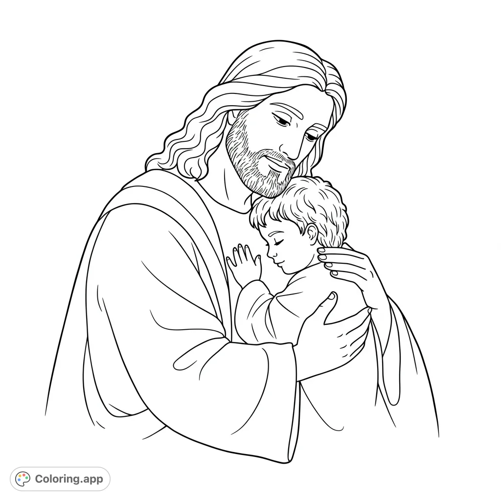 A heartwarming Jesus and child coloring page, perfect for spiritual reflection and peaceful coloring. Features gentle embrace and serene expressions.