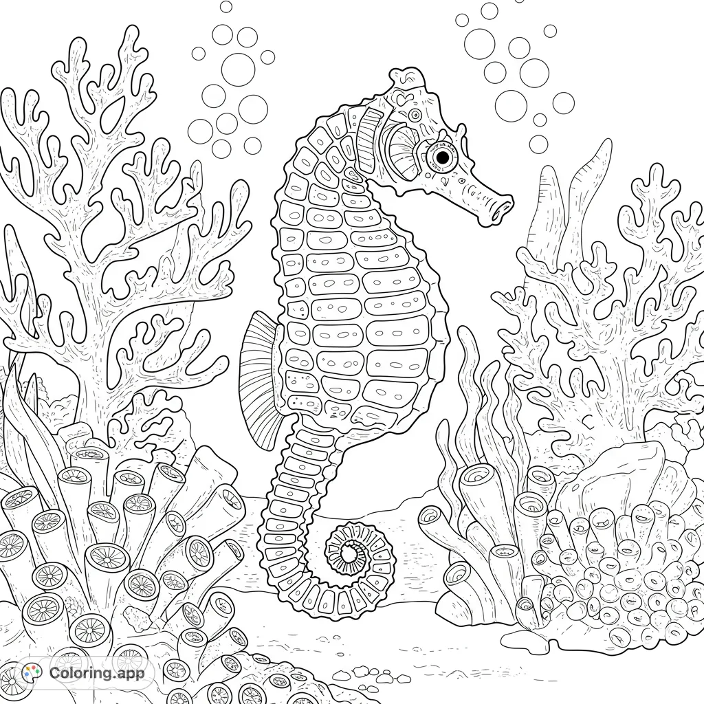 Dive into an enchanting underwater world with a detailed seahorse amidst vibrant coral and playful bubbles. A free printable ocean coloring page.