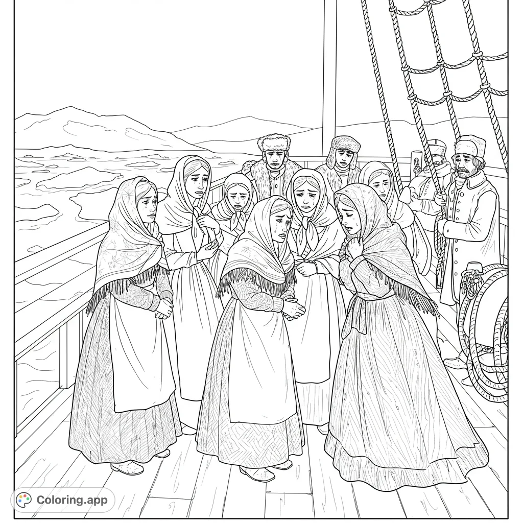 A poignant historical scene on a ship deck, featuring women in traditional attire expressing sorrow, with men and distant icy landscapes.