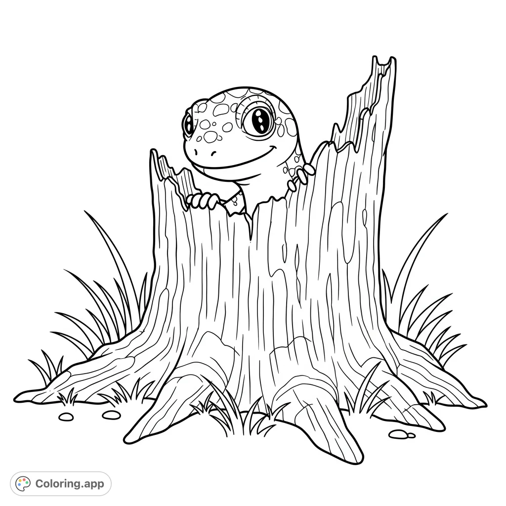 A charming gecko peeks from a textured tree stump, surrounded by grass. A delightful free printable gecko coloring page for kids and adults.