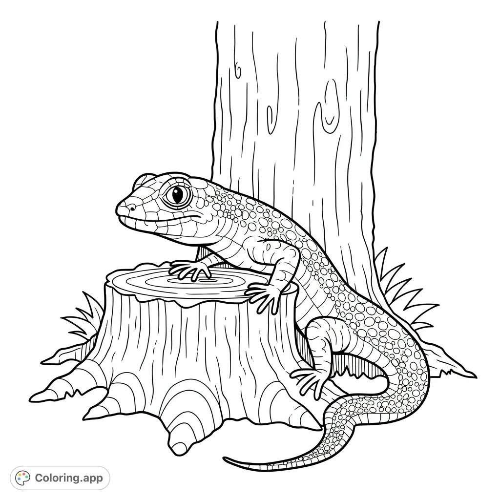 A detailed lizard with textured scales rests on a tree stump, set against a tree trunk. Perfect for nature and animal enthusiasts.