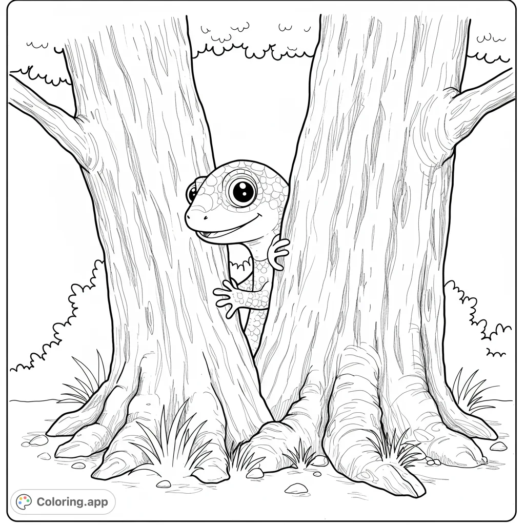 A charming gecko peeks playfully from between two large tree trunks, inviting colorists to bring this delightful forest scene to life.
