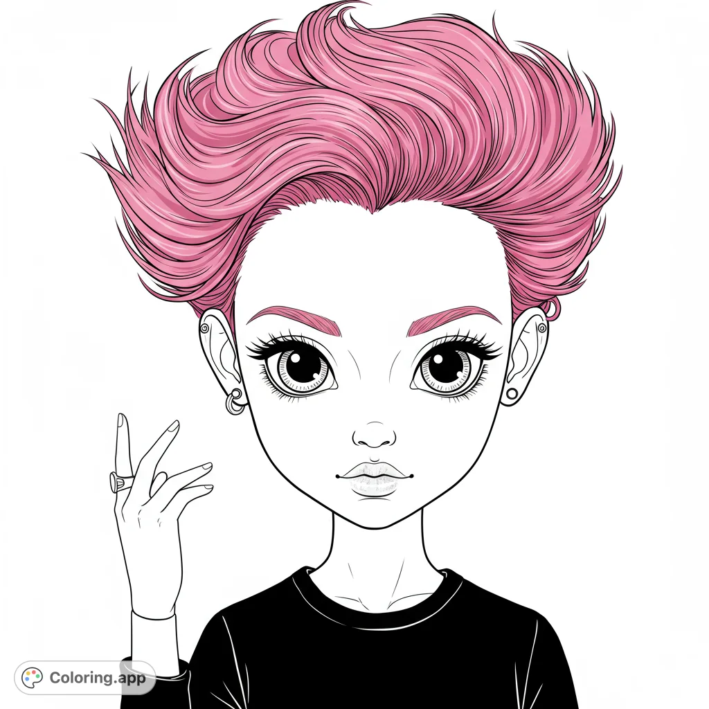 A cool character with spiky hair, large expressive eyes, and piercings, perfect for creative coloring fun. Free printable character coloring page.