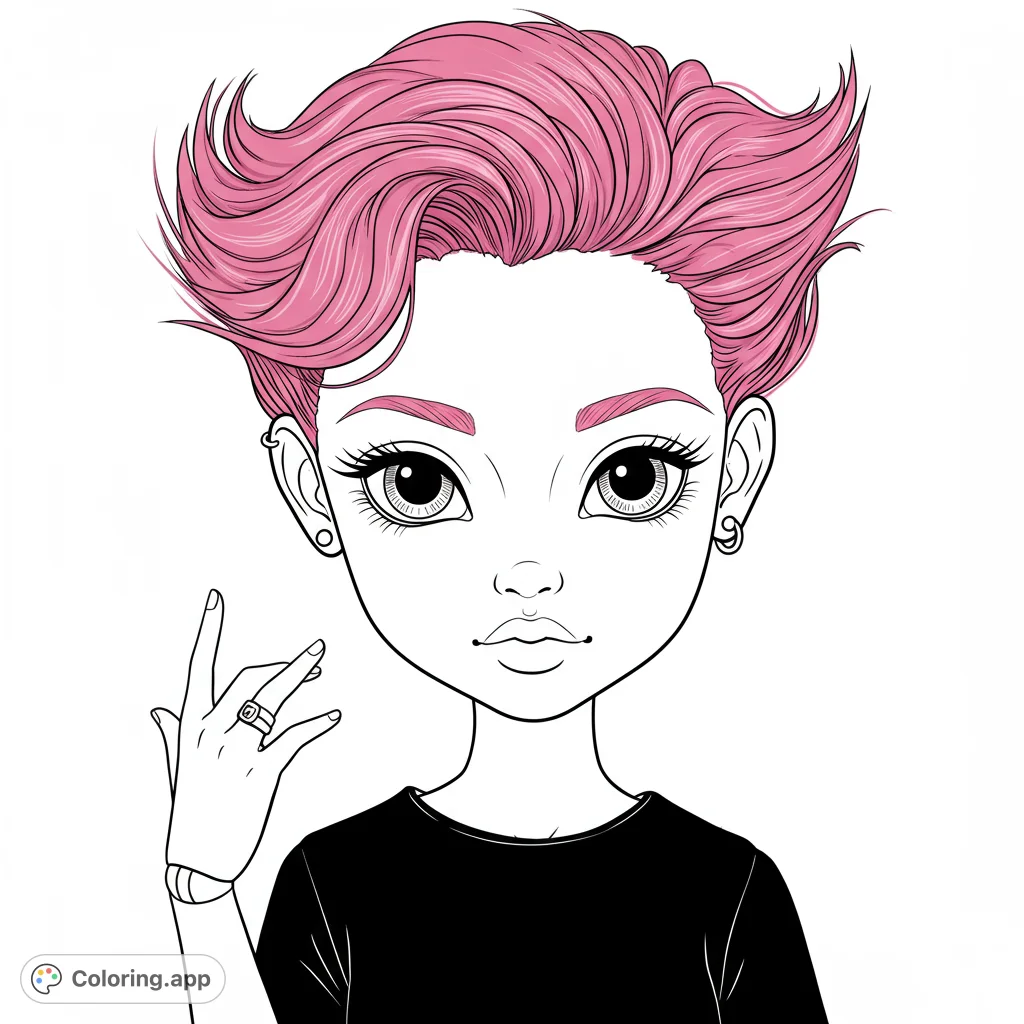 A trendy girl portrait coloring page featuring a character with spiky, voluminous hair, expressive eyes, and stylish accessories. Perfect for fashion and anime fans!
