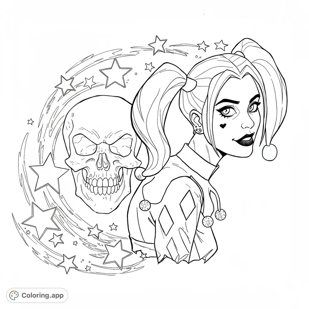 A dynamic villainess coloring page featuring a mischievous jester character with a skull and swirling stars, perfect for fans of comic art.