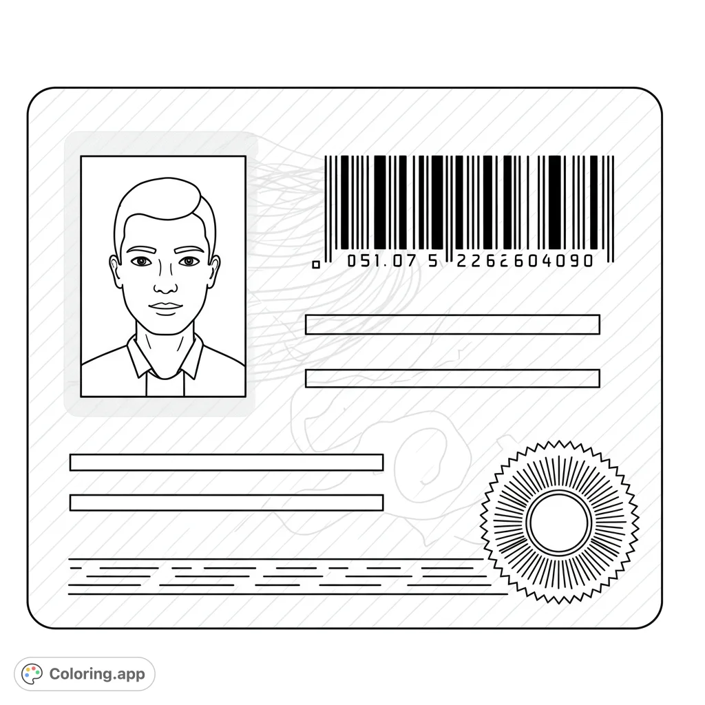 A detailed ID card coloring page featuring a portrait, abstract barcode patterns, and a seal, perfect for creative customization and imaginative play.