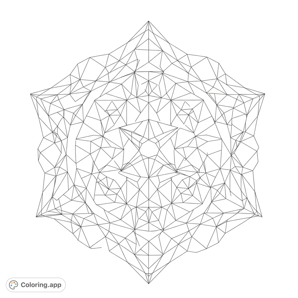 Intricate geometric star mandala with complex polyhedral patterns, perfect for meditative coloring and enhancing focus and precision.