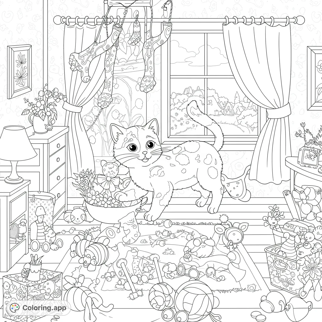 A charming spotted cat explores a room overflowing with diverse toys and household items, offering a detailed and engaging coloring adventure.