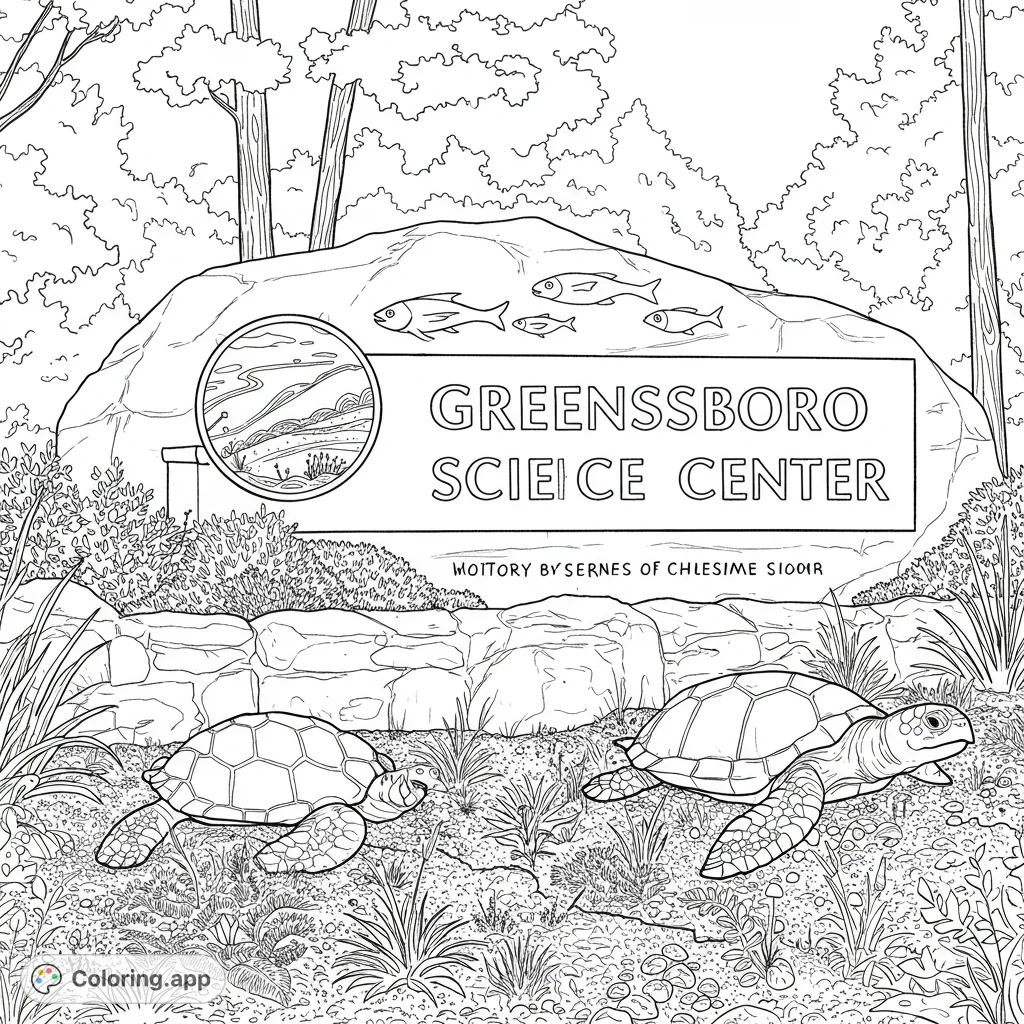 Explore nature with two detailed turtles near a large rock sign, surrounded by lush plants and trees. A free printable science-themed coloring page.