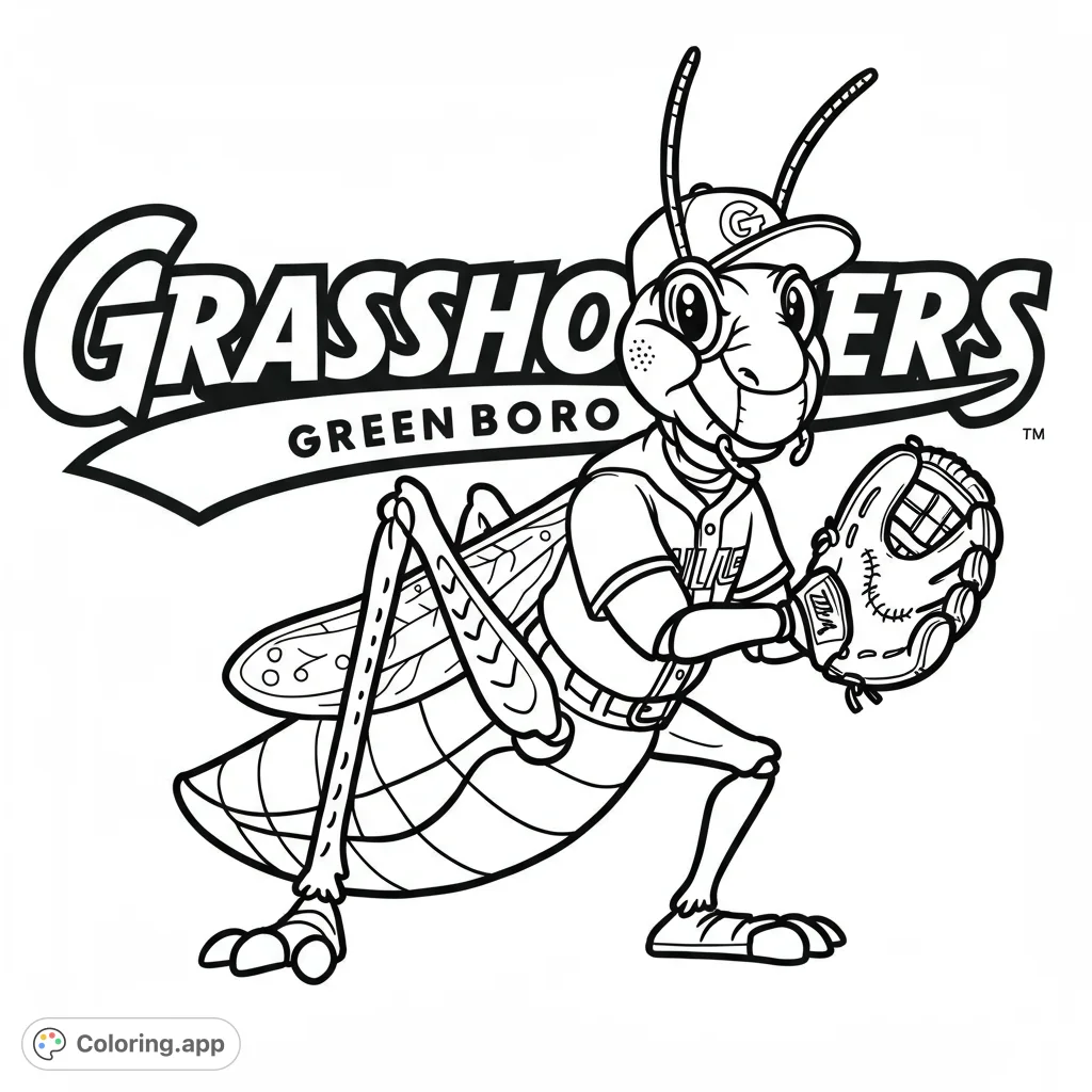 A dynamic grasshopper baseball mascot in uniform, ready to catch, perfect for sports fans and nature lovers to color. Free printable fun!