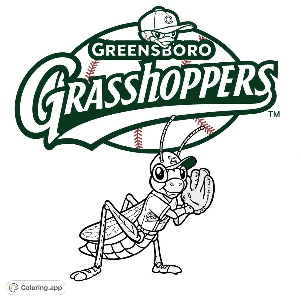 A sporty grasshopper mascot in a baseball uniform, ready to play, with a team logo background. Perfect free printable baseball coloring page!