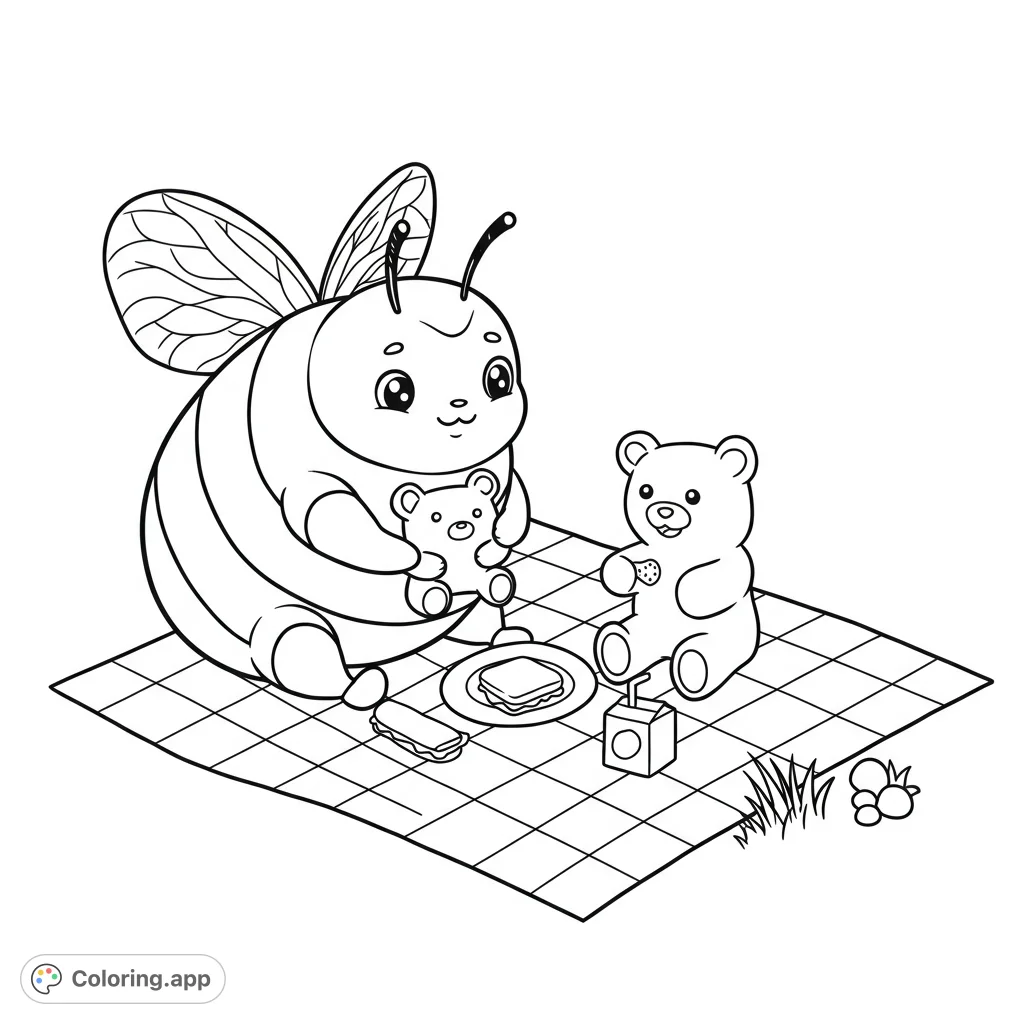 A charming bee and two teddy bears enjoy a delightful picnic on a checkered blanket, perfect for a cute and fun coloring adventure.