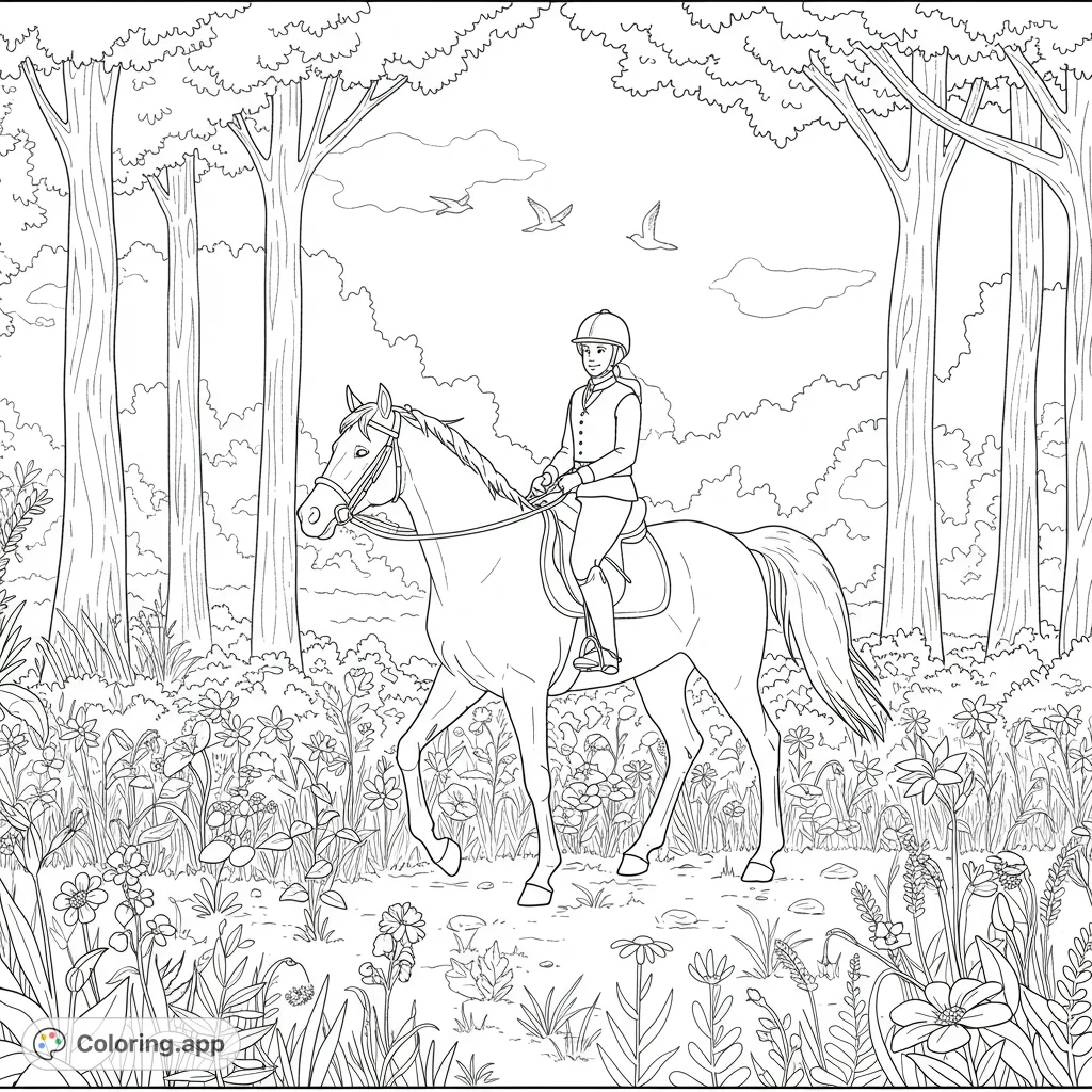 An enchanting equestrian coloring page featuring a rider on horseback amidst a vibrant forest path, surrounded by detailed trees and wildflowers.