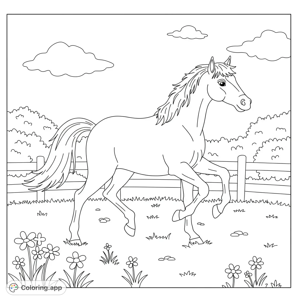 A graceful horse trots through a field with flowers and a fence, perfect for a beautiful horse coloring page. Free printable coloring page for all ages.