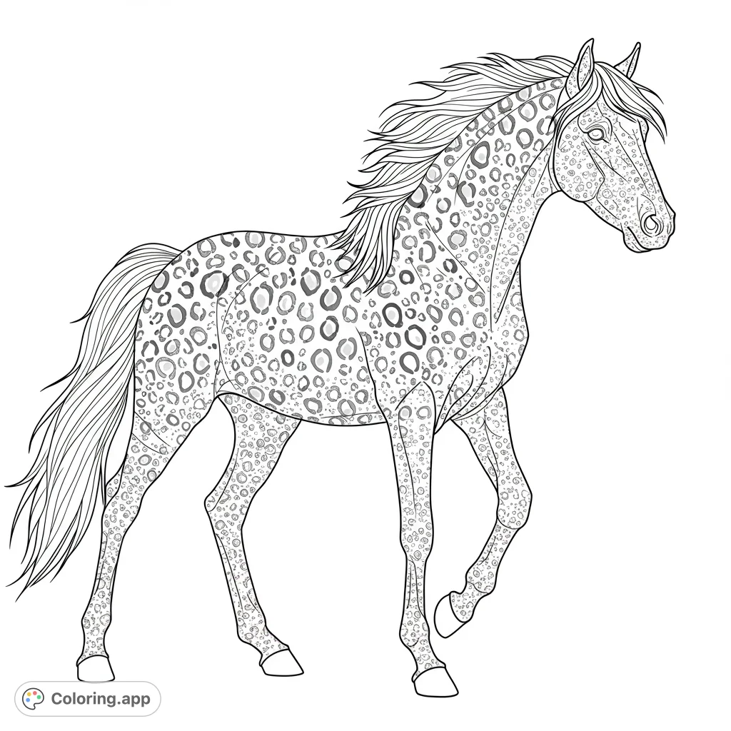 A majestic horse adorned with intricate leopard spots, perfect for creative coloring. A unique animal design for all ages.