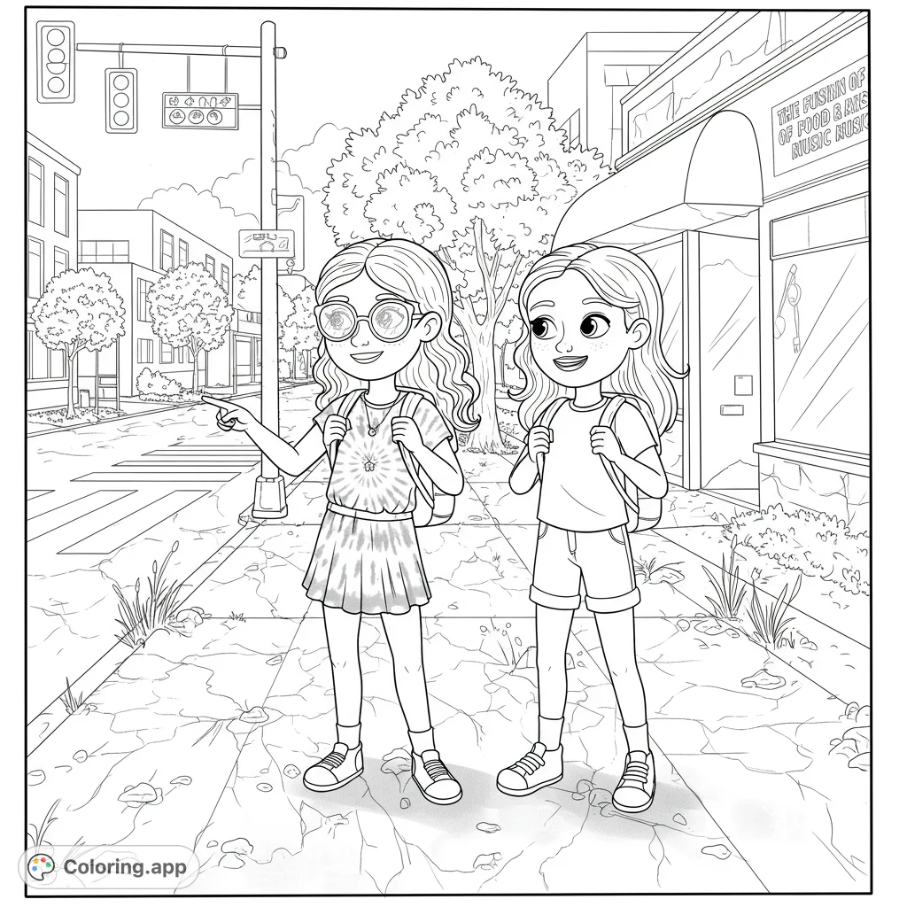 Two cheerful friends explore a vibrant city street, ready for adventure. A fun, free printable urban scene coloring page for kids and adults.