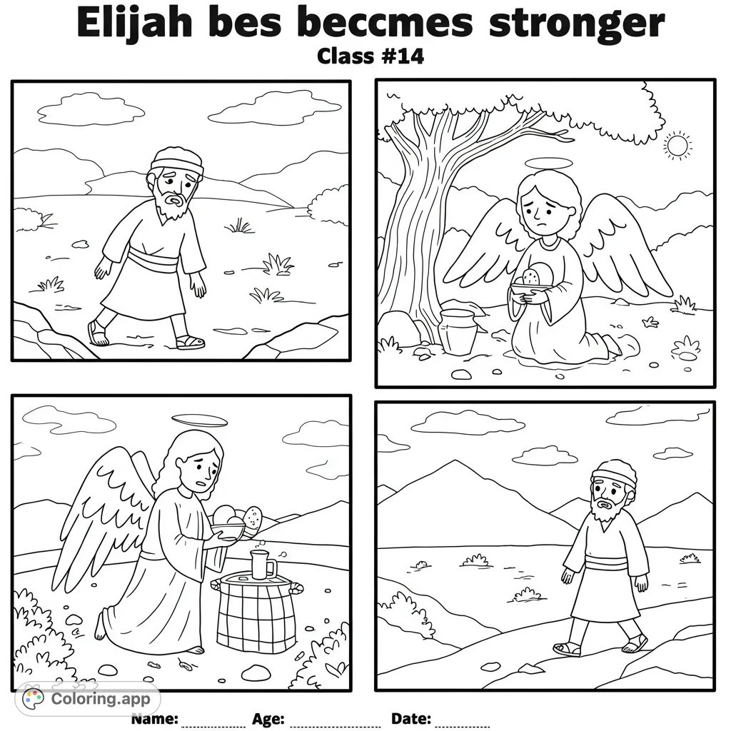 A four-panel biblical narrative coloring page featuring Elijah and an angel in a desert landscape, perfect for a free printable coloring page.