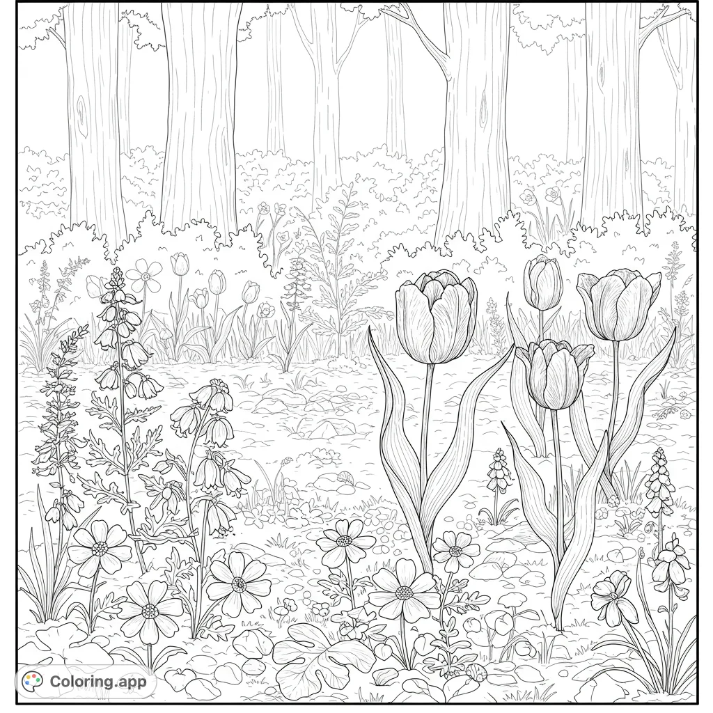 A beautiful forest garden scene with blooming tulips, wildflowers, and lush foliage, perfect for nature lovers and detailed coloring.