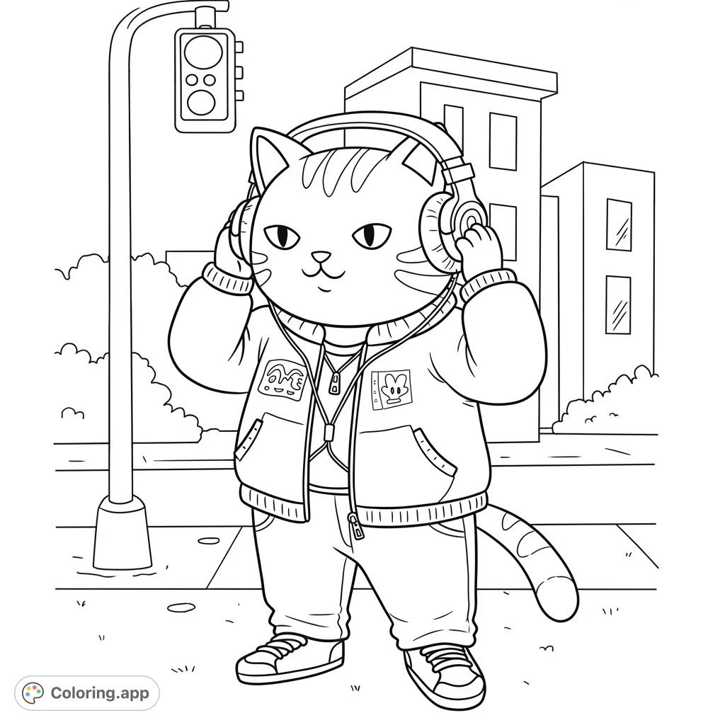 A trendy cat wearing headphones and a hoodie stands on a city street, ready for a vibrant splash of color. Perfect for urban animal lovers!