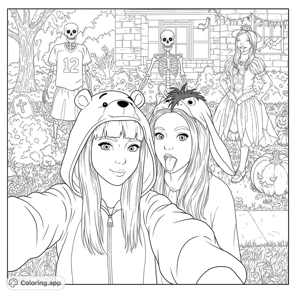 Capture the spooky fun with this Halloween selfie coloring page! Two friends in costumes pose with skeletons and pumpkins in a festive yard.