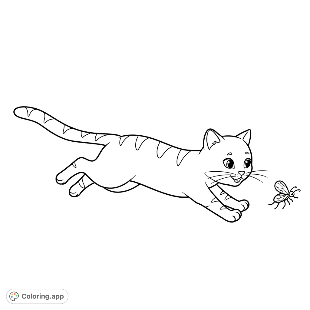 A charming cat pouncing playfully towards a tiny insect, offering a delightful and free printable cat coloring page for kids and adults.