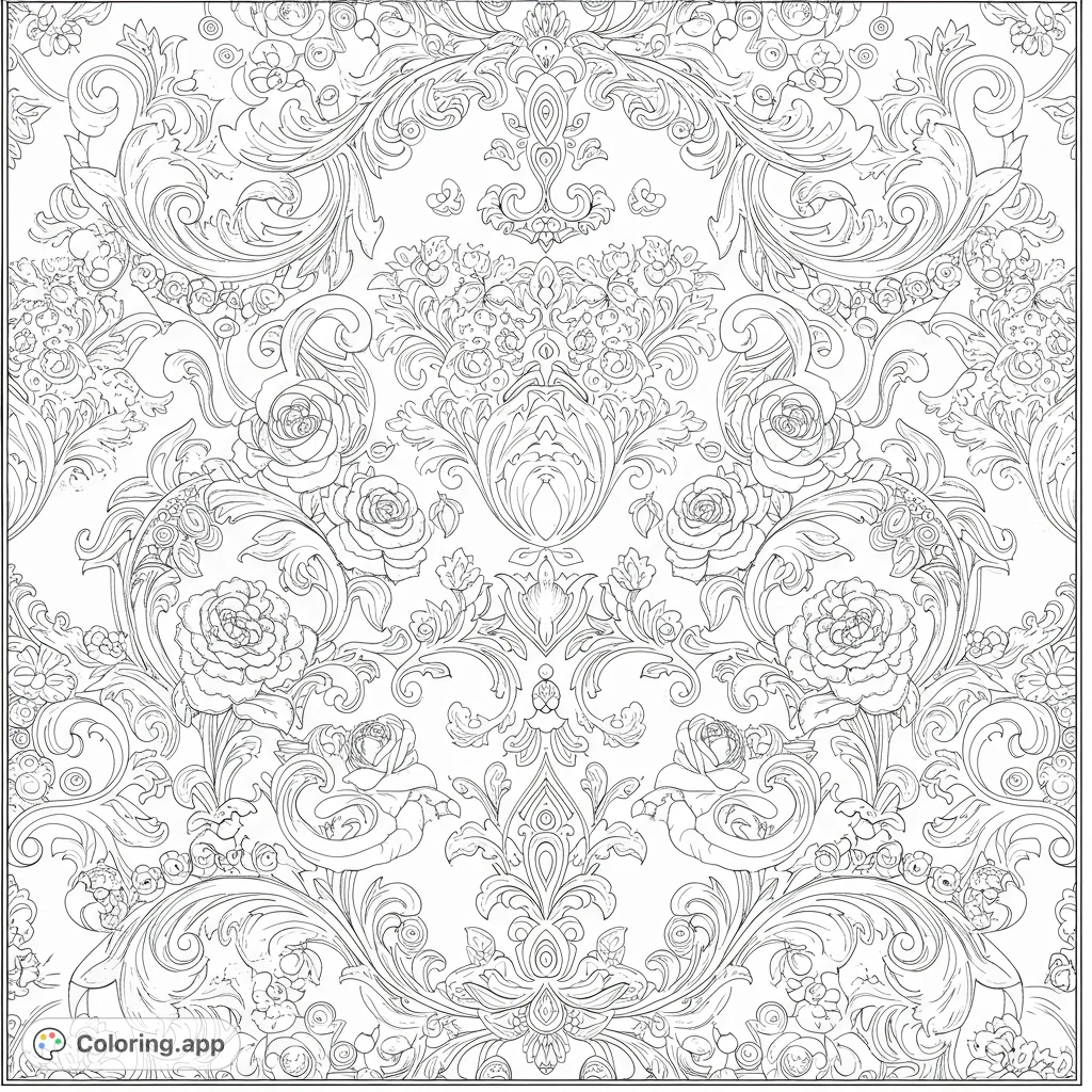 An exquisite baroque floral pattern coloring page featuring intricate roses, delicate leaves, and elaborate rococo scrolls, perfect for detailed coloring.