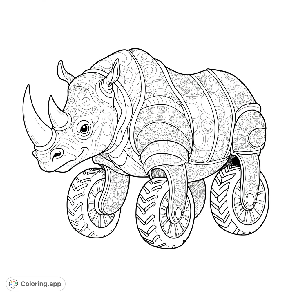 Discover a unique rhino on wheels, adorned with intricate patterns. This detailed, free printable rhino coloring page offers hours of creative fun for all ages.