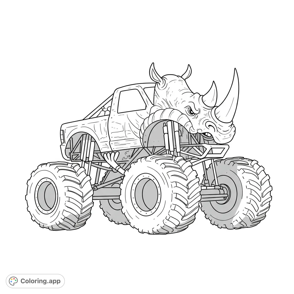 Unleash the power with this unique rhino monster truck coloring page! Features massive tires, a fierce rhino head, and rugged details for an epic adventure.