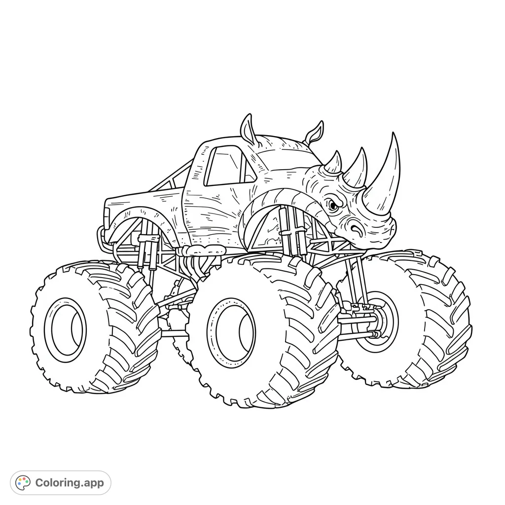 Unleash power with this unique monster truck featuring a fierce rhino head. Perfect for vehicle enthusiasts and animal lovers, offering exciting coloring fun.