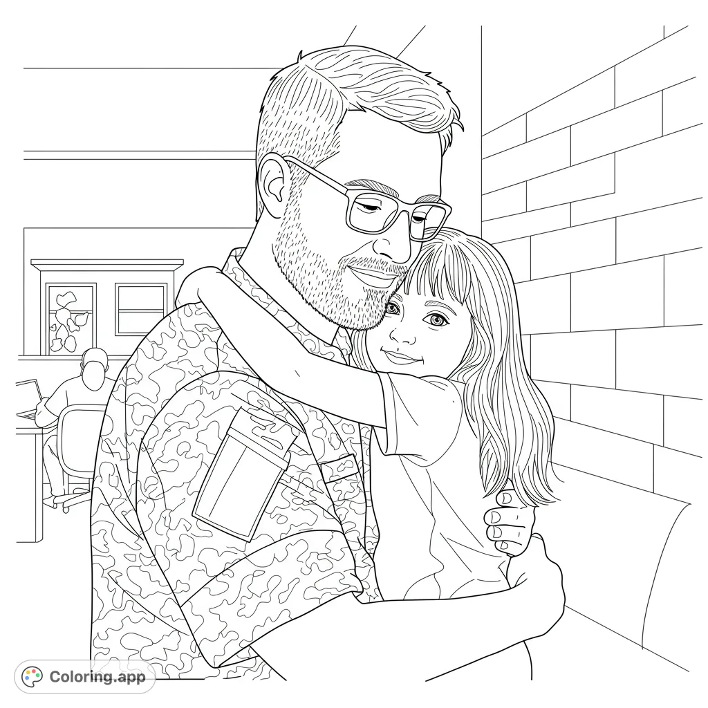 A heartwarming father-daughter embrace in a military homecoming scene. This free printable family coloring page captures love and connection.