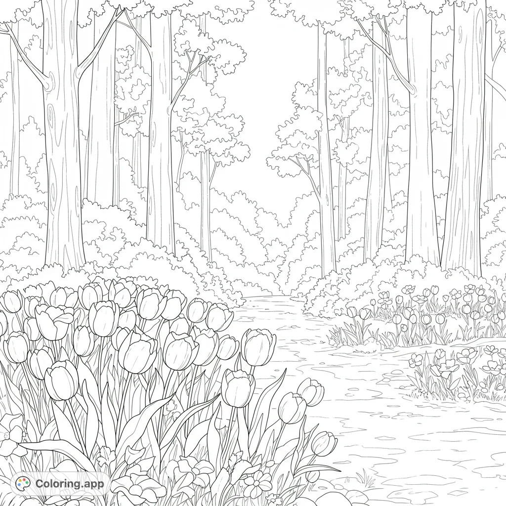 A beautiful forest path lined with vibrant tulips and lush greenery, inviting a peaceful coloring experience.