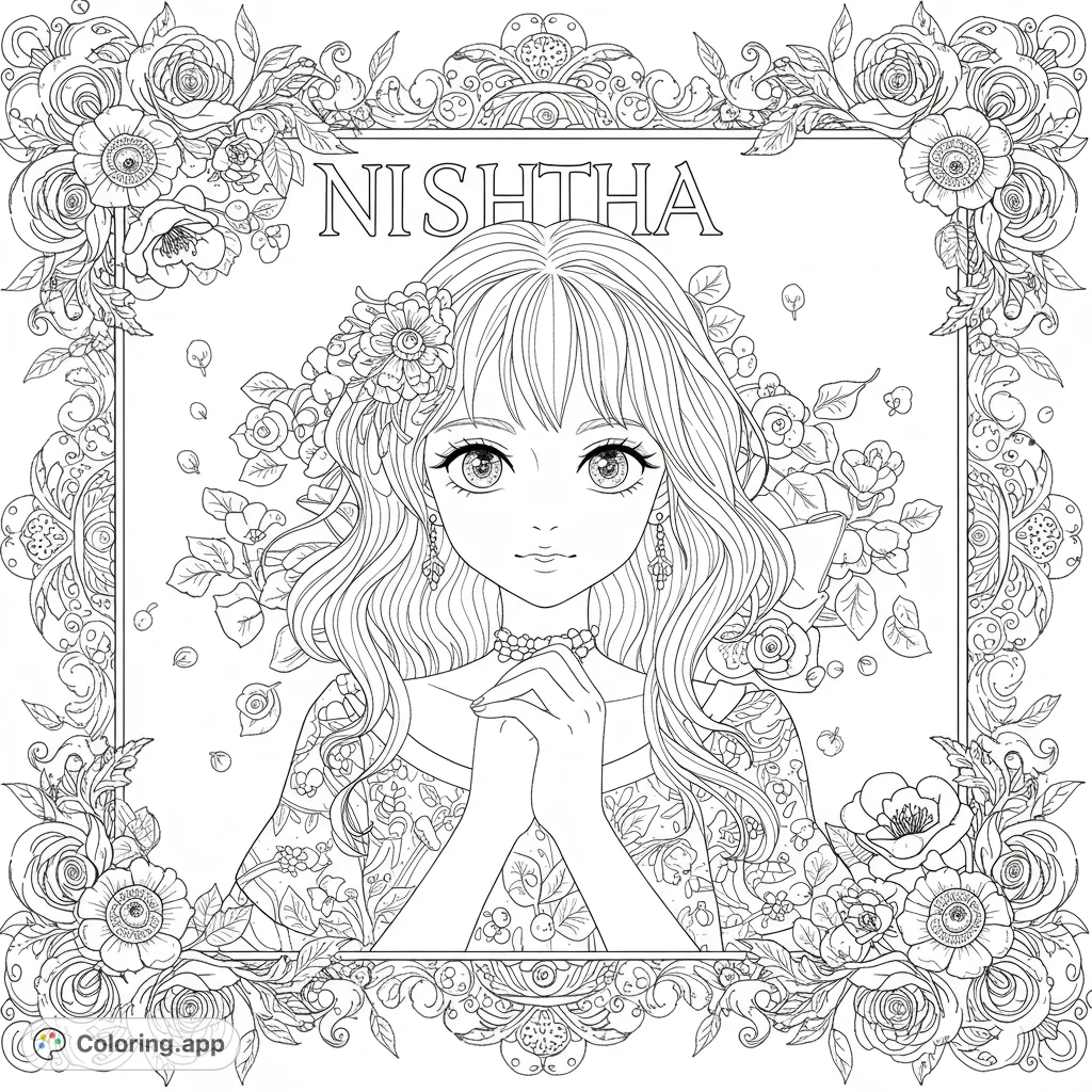 A beautiful anime girl with flowing hair and a floral crown, framed by intricate roses and delicate scrollwork, perfect for detailed coloring.