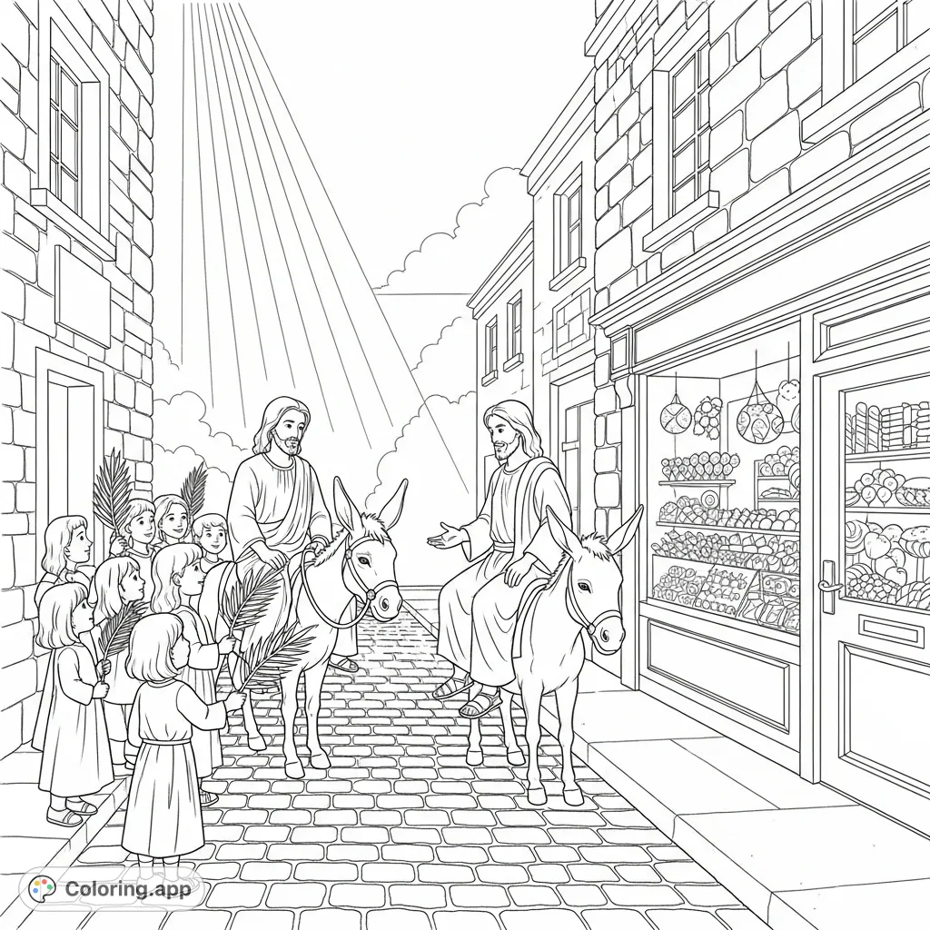 A detailed scene depicting Jesus on a donkey, children waving palm branches, a Holy Spirit ray, and a charming cobblestone street with stone buildings and a candy shop.