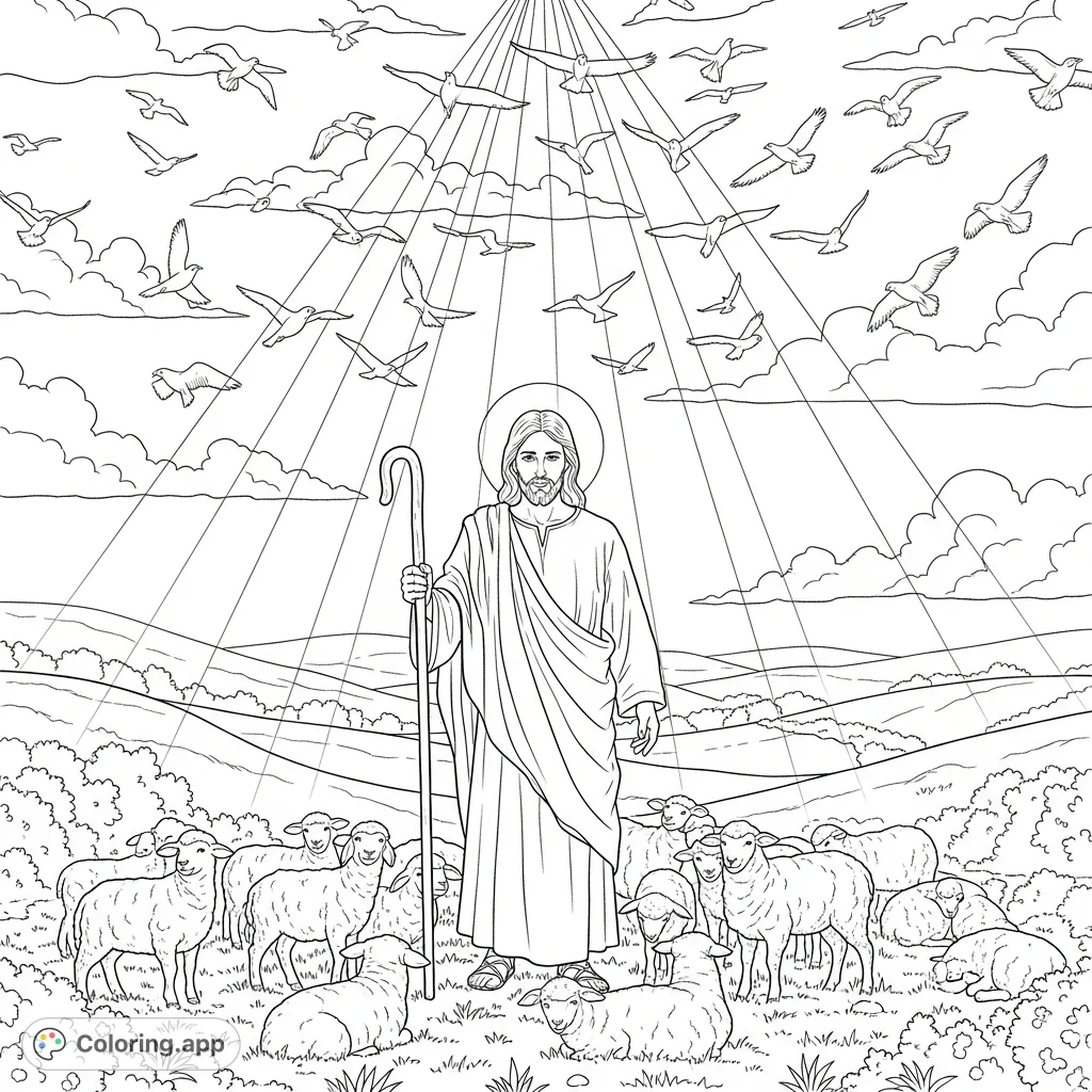 A serene Jesus, the Good Shepherd, surrounded by lambs in rolling hills with heavenly light and birds in the expansive sky. A peaceful scene for reflection.