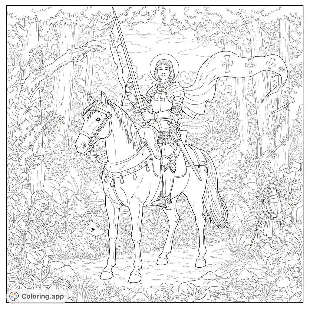 A valiant female knight on horseback, bearing a sword and banner, journeys through a detailed, enchanted forest with an owl and a small companion.