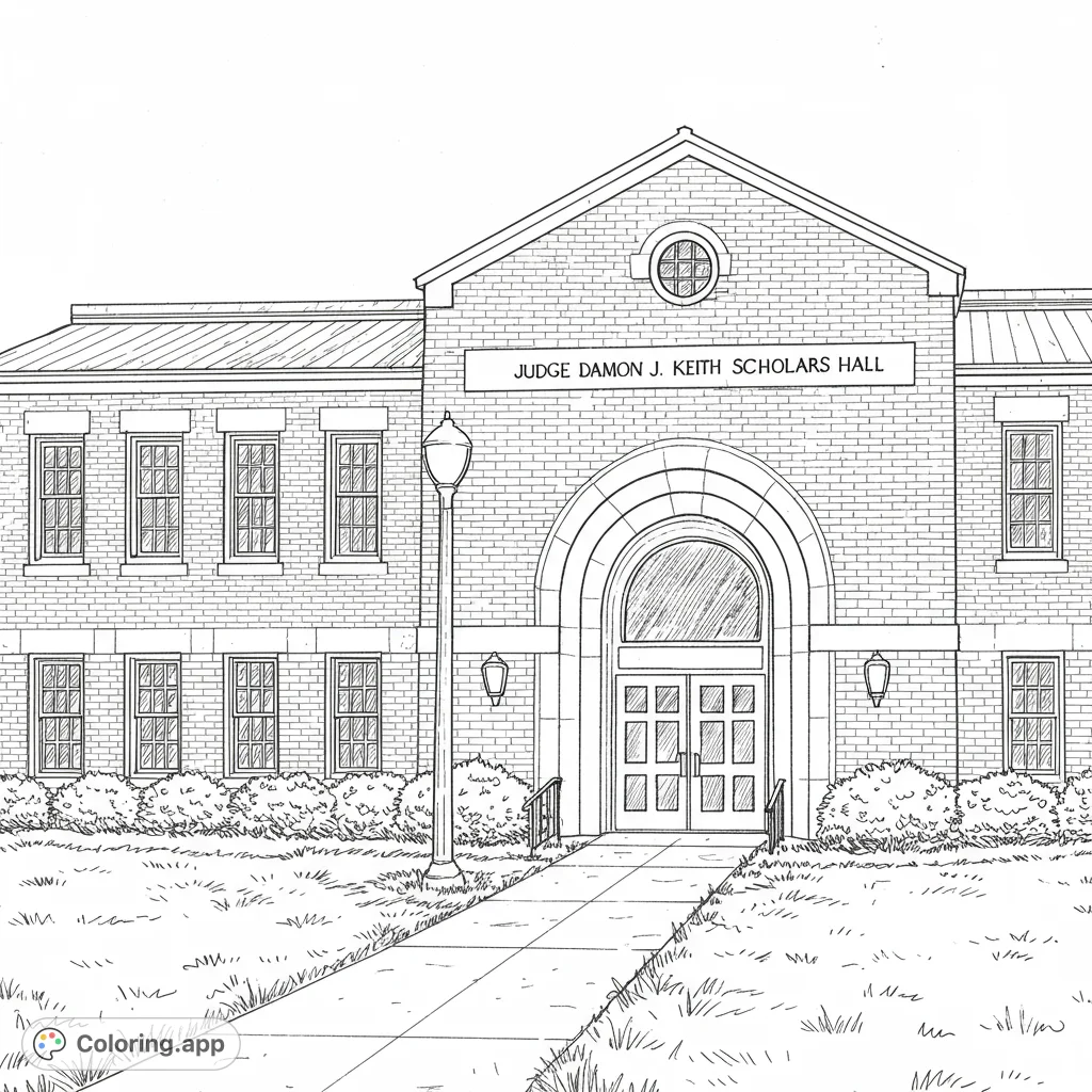 Color a grand brick building with an arched entrance, detailed windows, and lush landscaping. A free printable architectural building coloring page.